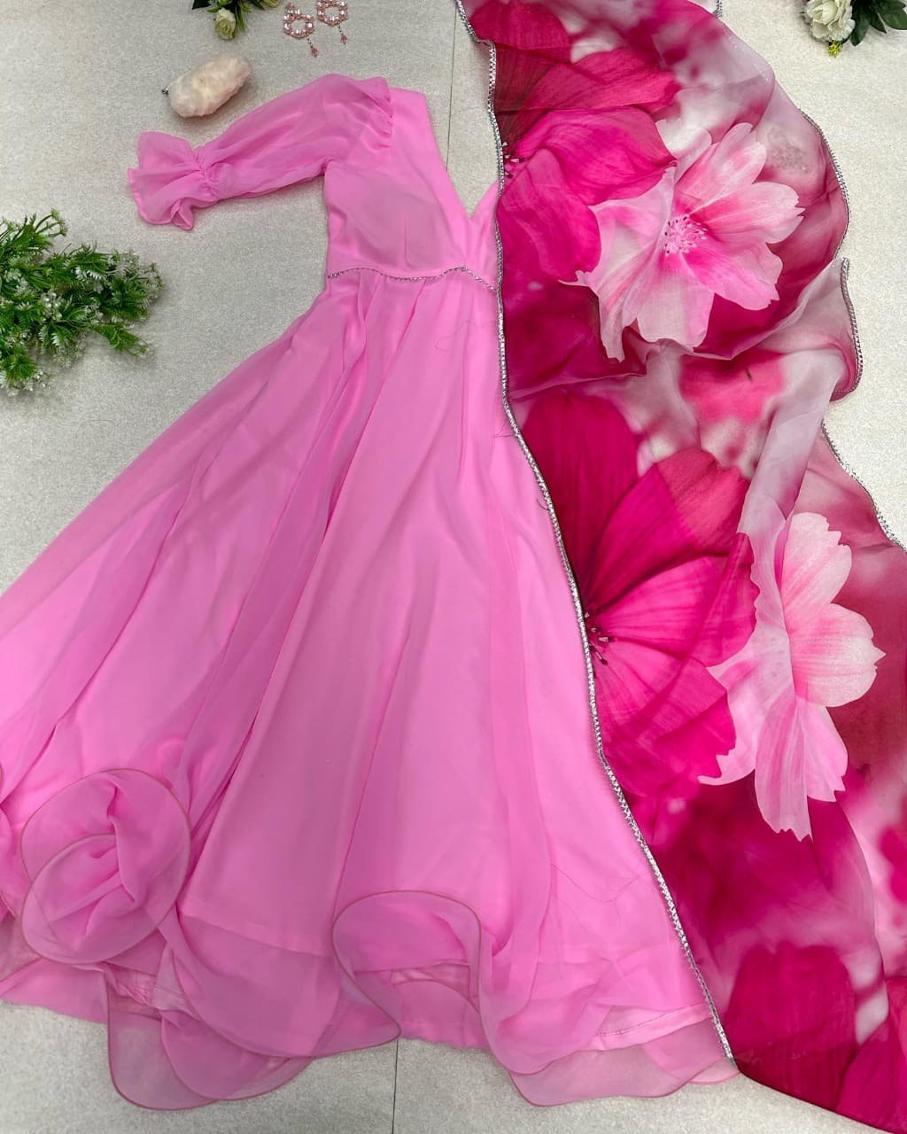 Sublime Pink Georgette Fully Stitched Plain Gown With Floral Dupatta - Ethnicwish