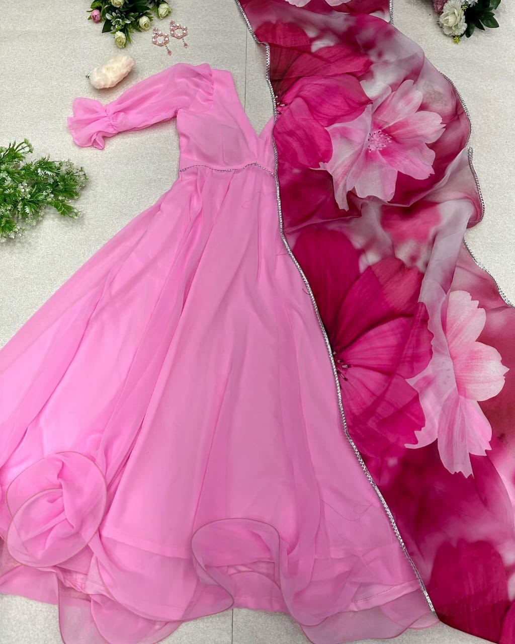 Sublime Pink Georgette Fully Stitched Plain Gown With Floral Dupatta - Ethnicwish