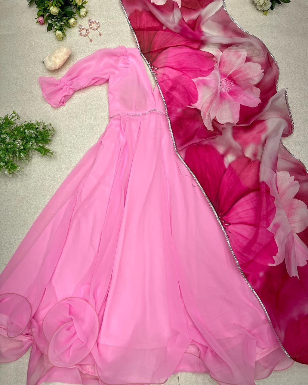 Sublime Pink Georgette Fully Stitched Plain Gown With Floral Dupatta - Ethnicwish