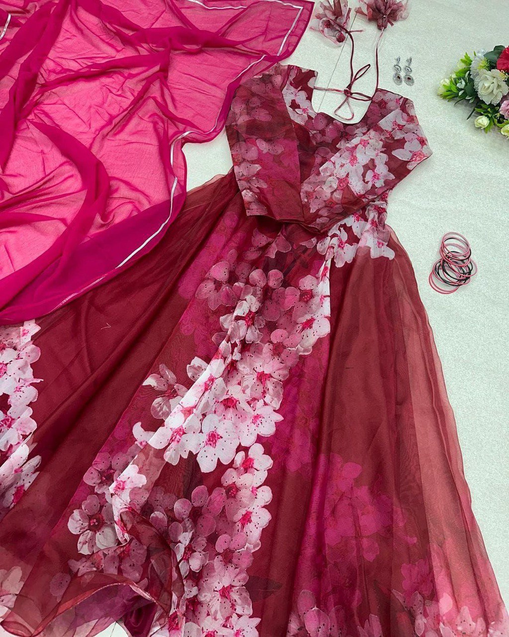 Mesmerizing Organza Silk Digital Printed Gown with Dupatta – For Elegant Events - Ethnicwish