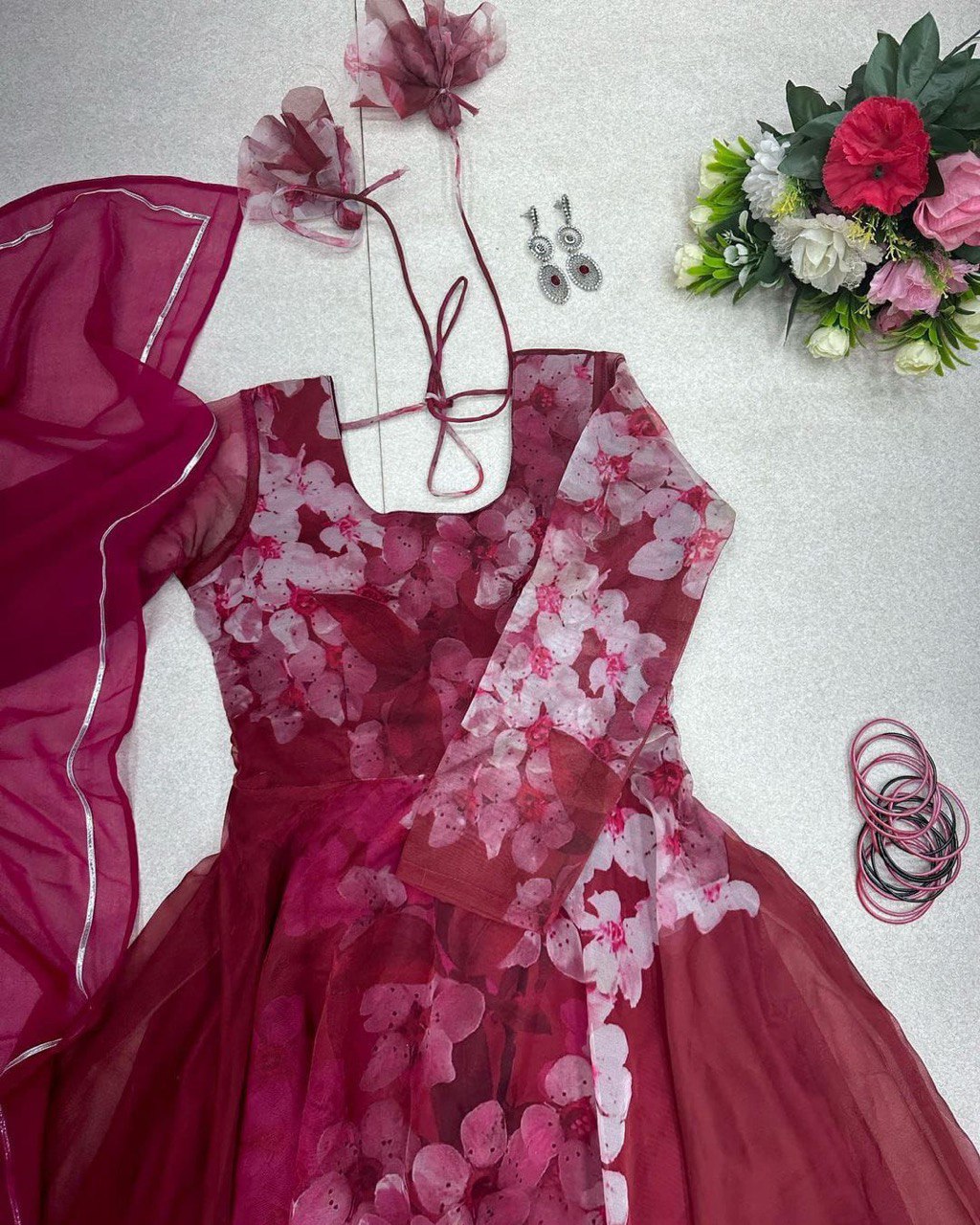 Mesmerizing Organza Silk Digital Printed Gown with Dupatta – For Elegant Events - Ethnicwish