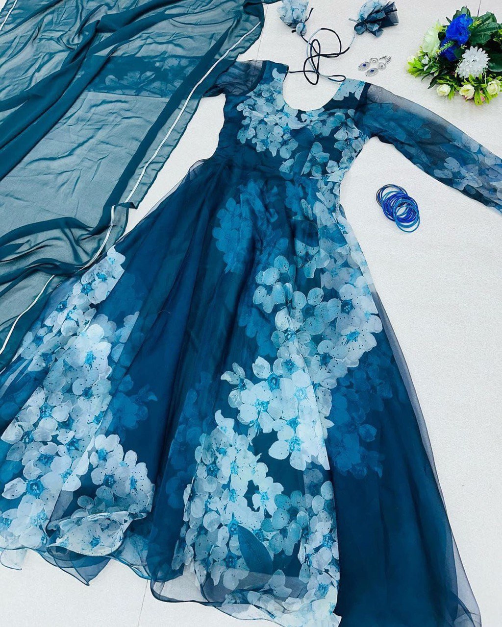 Mesmerizing Organza Silk Digital Printed Gown with Dupatta – For Elegant Events - Ethnicwish