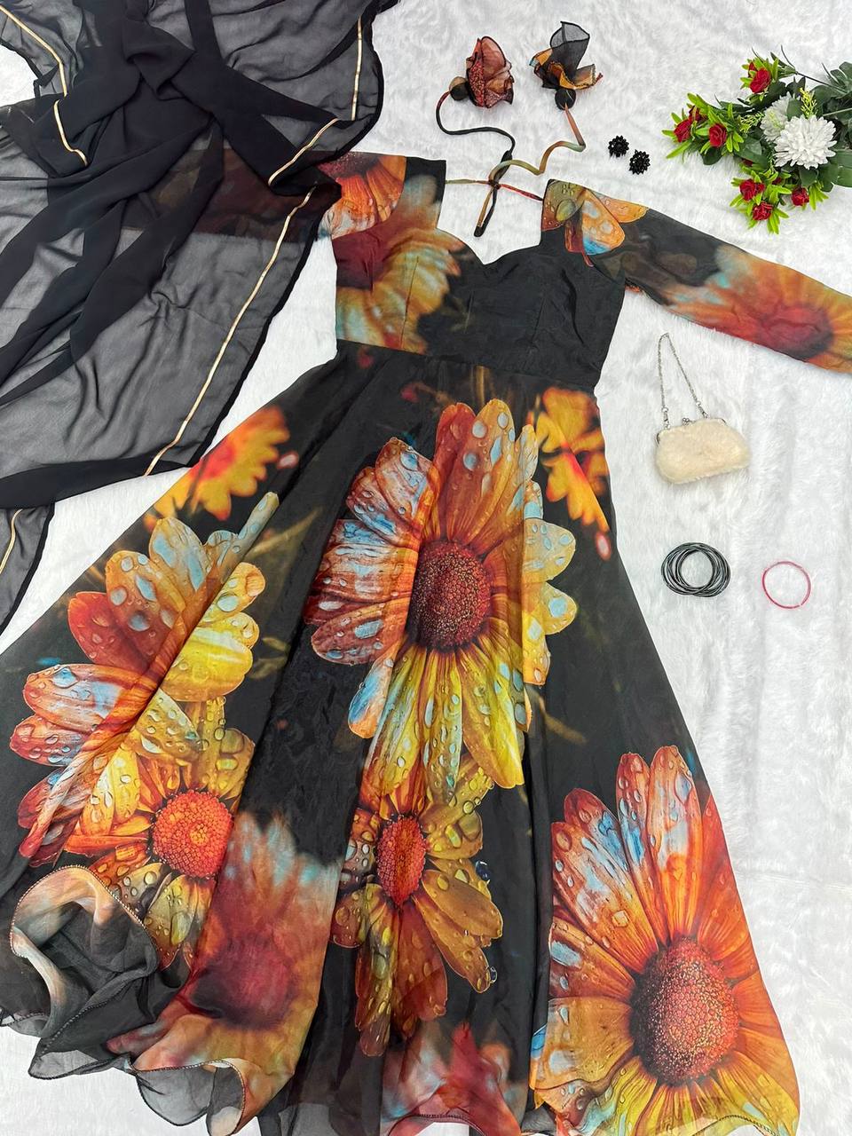 Beguiling Black Organza Silk Digital Printed Fully Stitched Gown With Dupatta - Ethnicwish