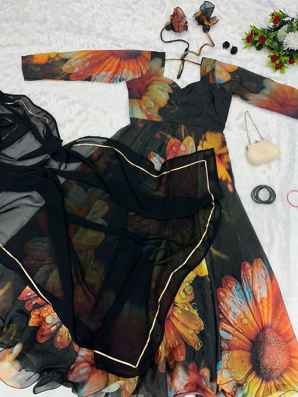 Beguiling Black Organza Silk Digital Printed Fully Stitched Gown With Dupatta - Ethnicwish