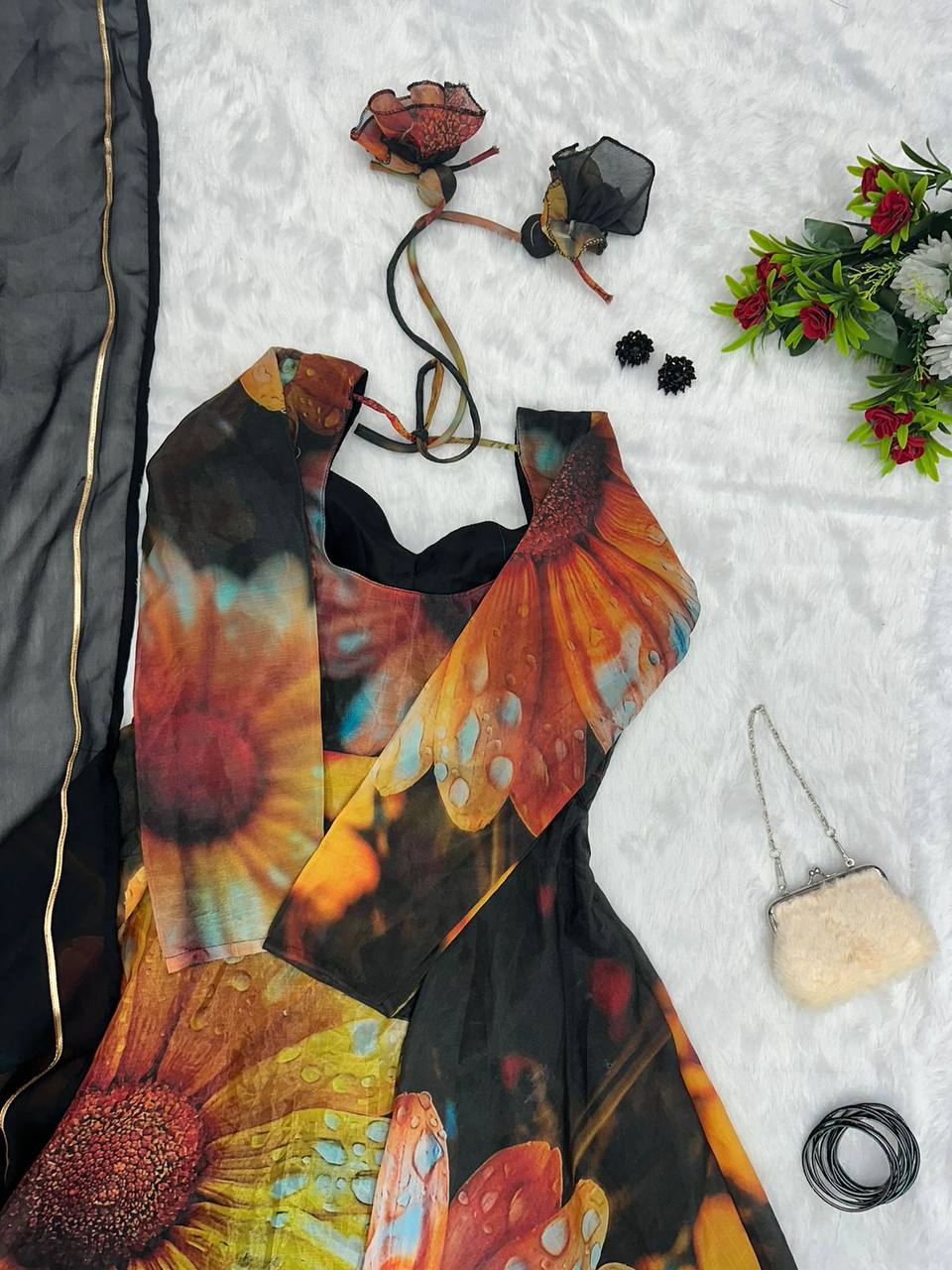 Beguiling Black Organza Silk Digital Printed Fully Stitched Gown With Dupatta - Ethnicwish