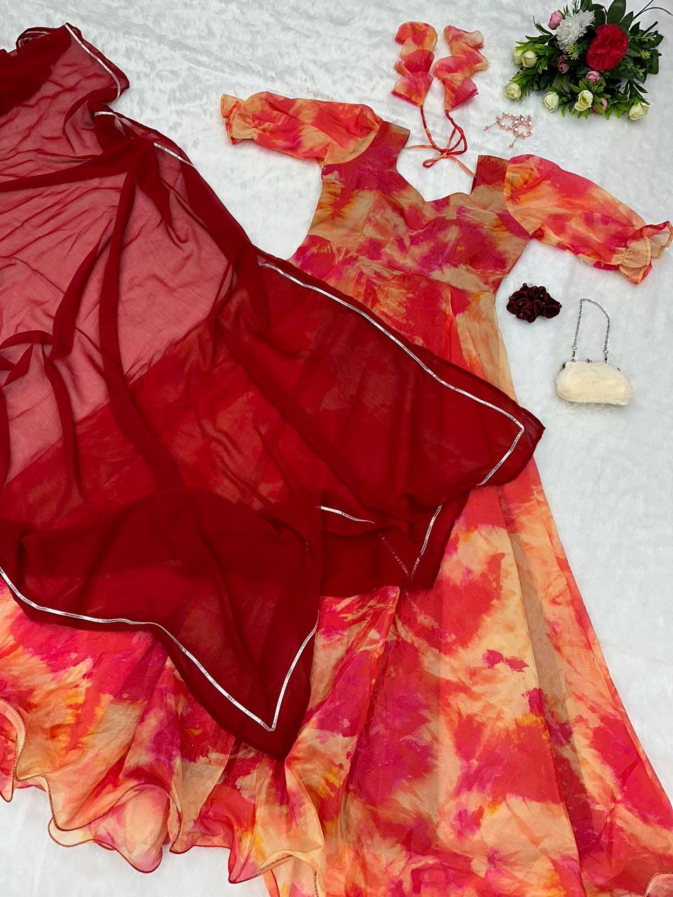 Captivating Orange Organza Silk Digital Printed Fully Stitched Gown With Dupatta - Ethnicwish