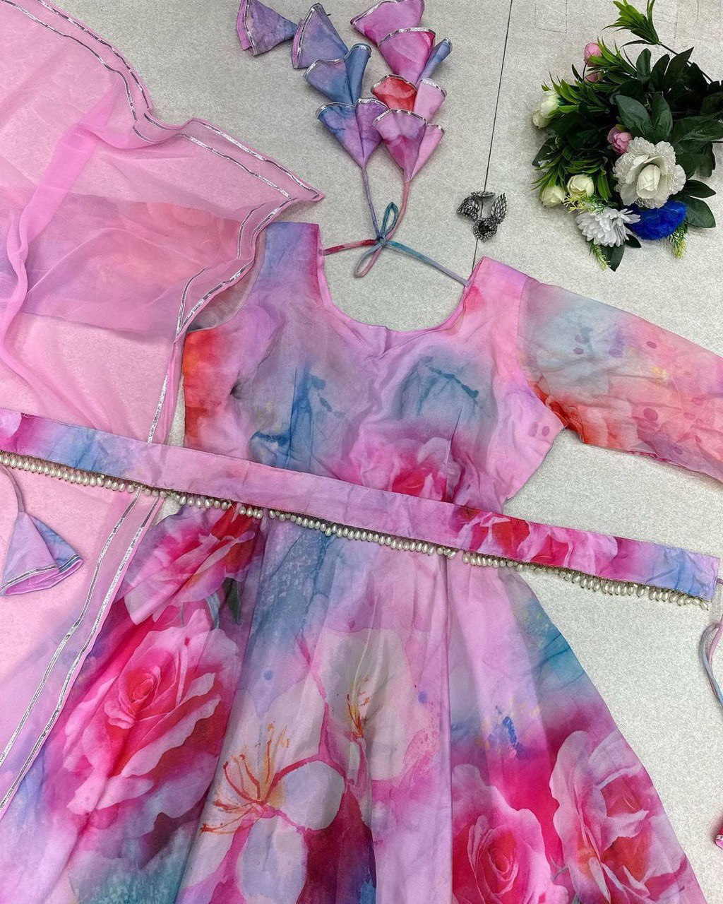 Delightful Pink Organza Silk Digital Printed Fully Stitched Gown With Dupatta - Ethnicwish
