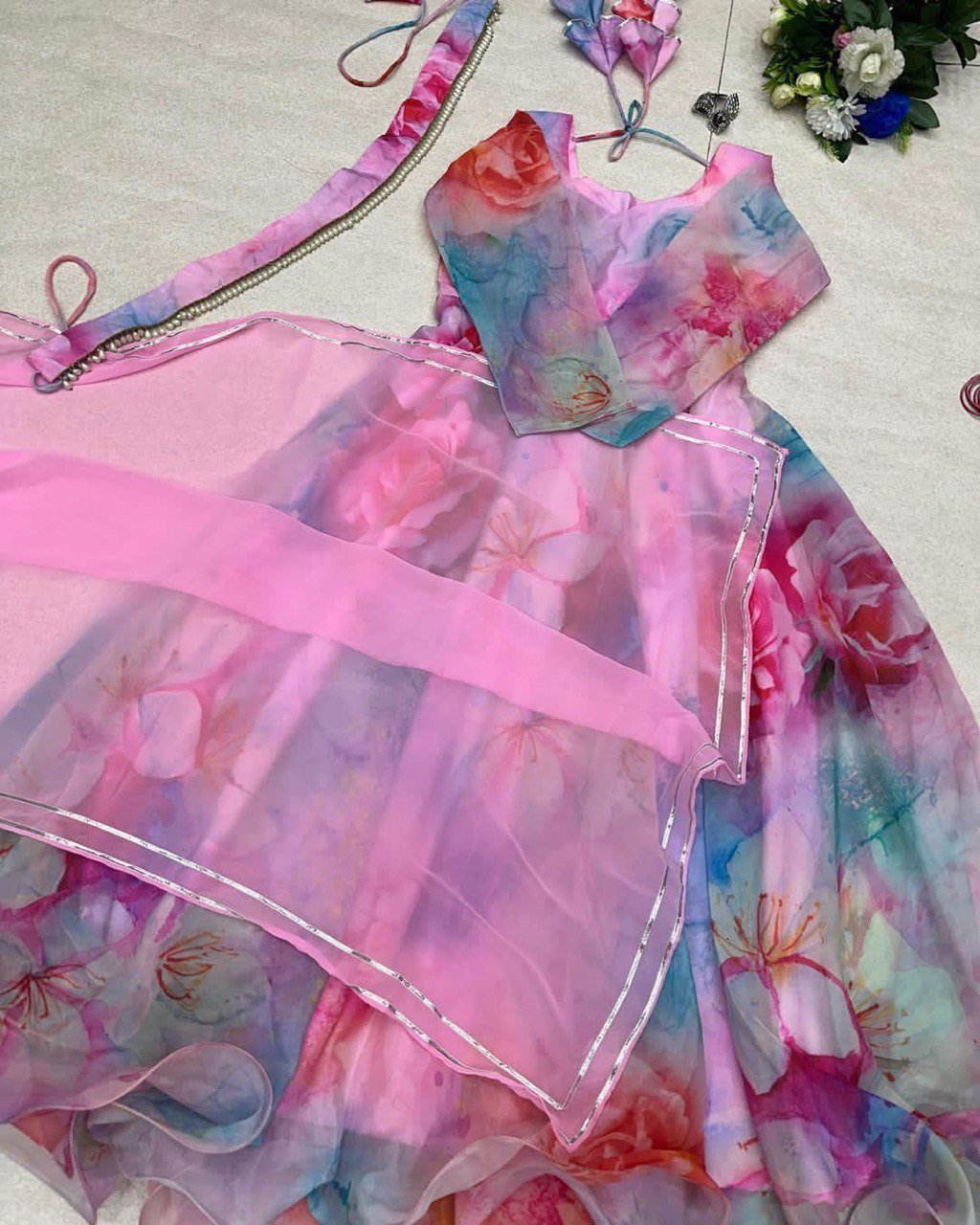 Delightful Pink Organza Silk Digital Printed Fully Stitched Gown With Dupatta - Ethnicwish