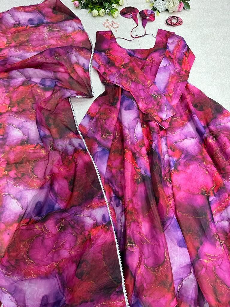 Enamoring Organza Silk Digital Printed Fully Stitched Gown With Dupatta - Ethnicwish