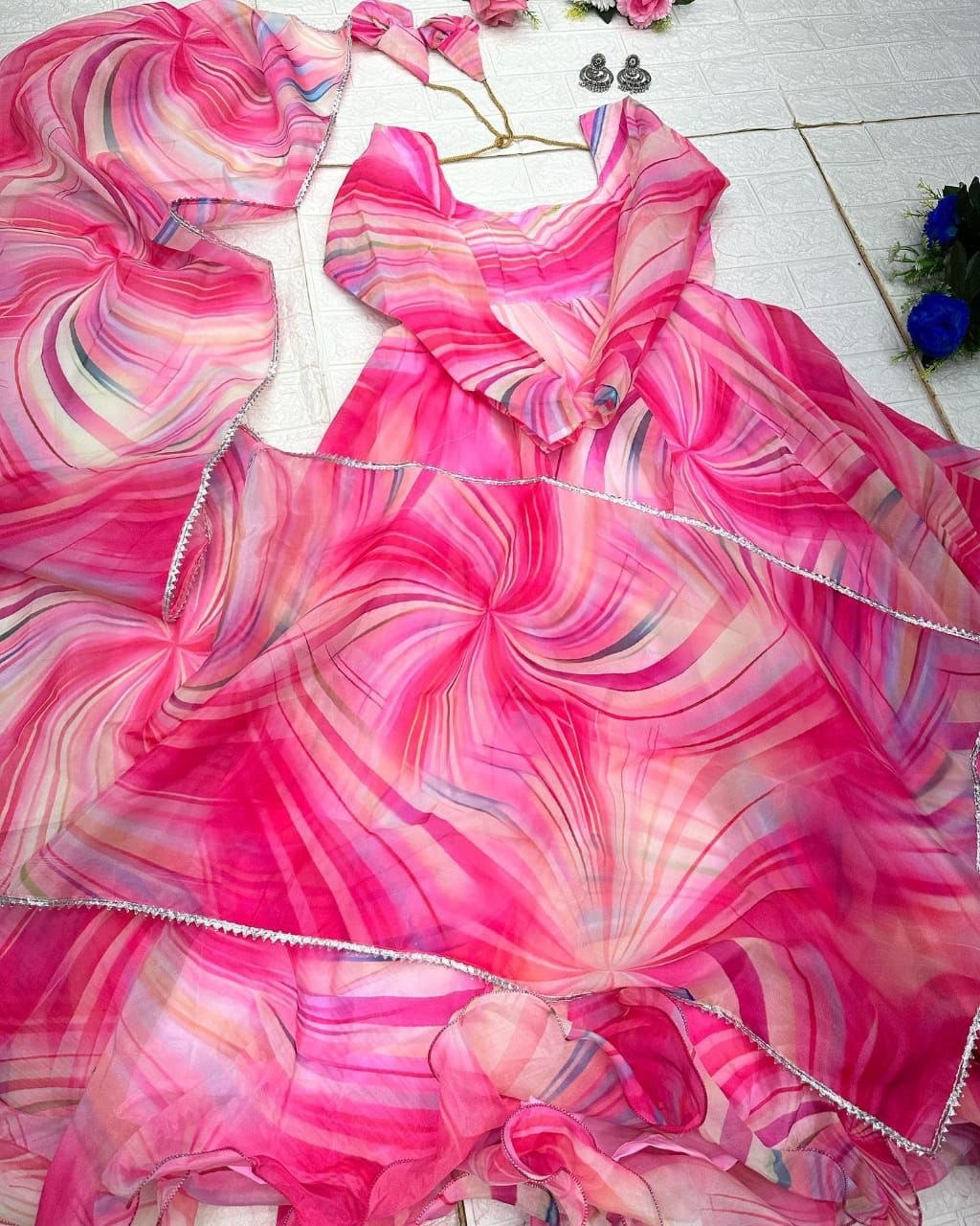 Fetching Pink Organza Silk Digital Printed Fully Stitched Gown With Dupatta - Ethnicwish