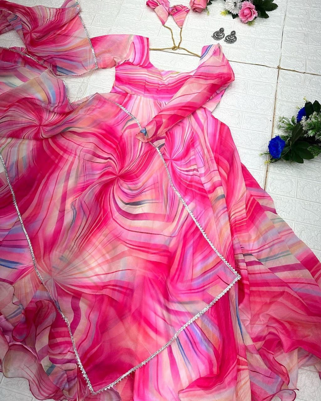 Fetching Pink Organza Silk Digital Printed Fully Stitched Gown With Dupatta - Ethnicwish
