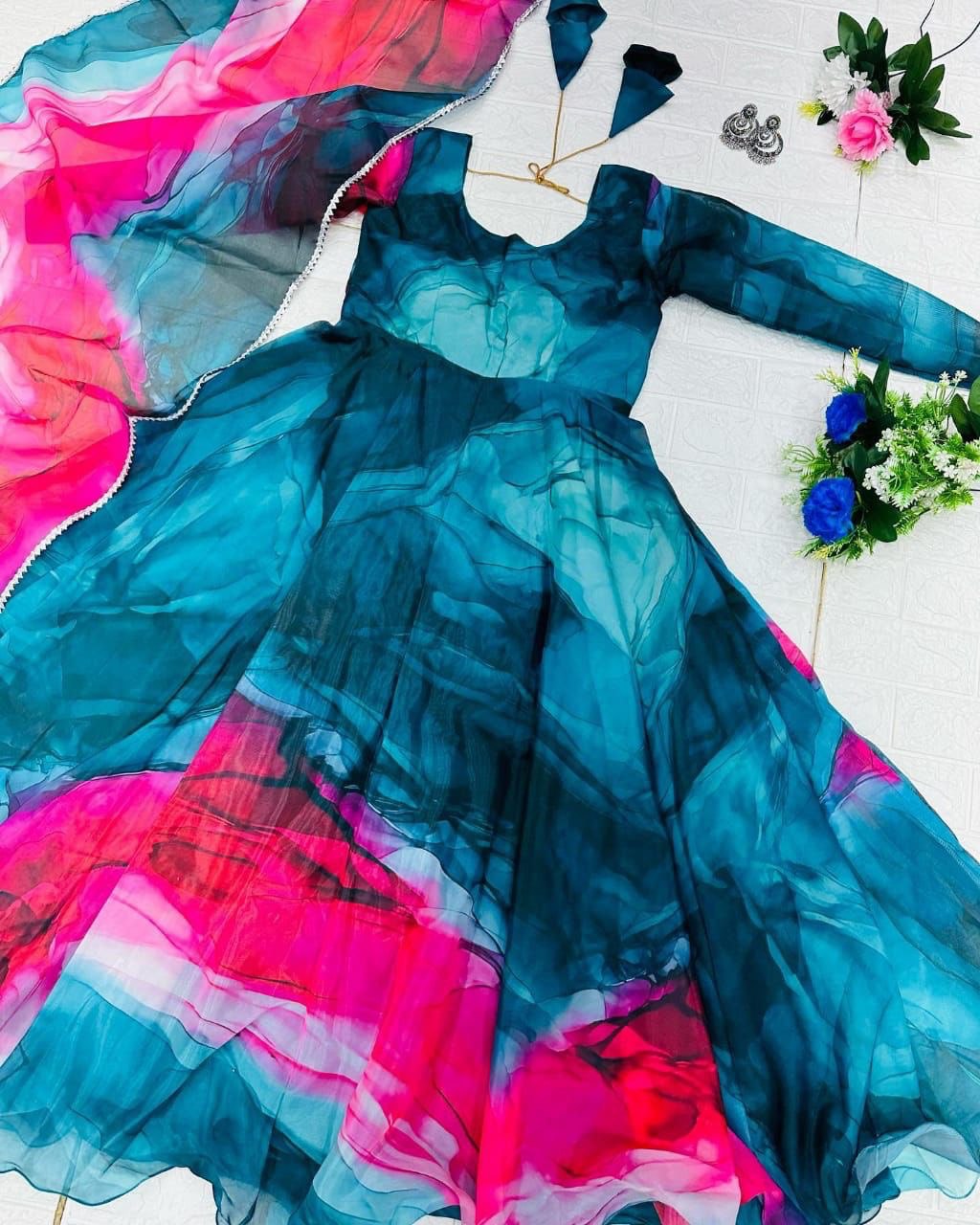 Prepossessing Blue Organza Silk Digital Printed Fully Stitched Gown With Dupatta - Ethnicwish