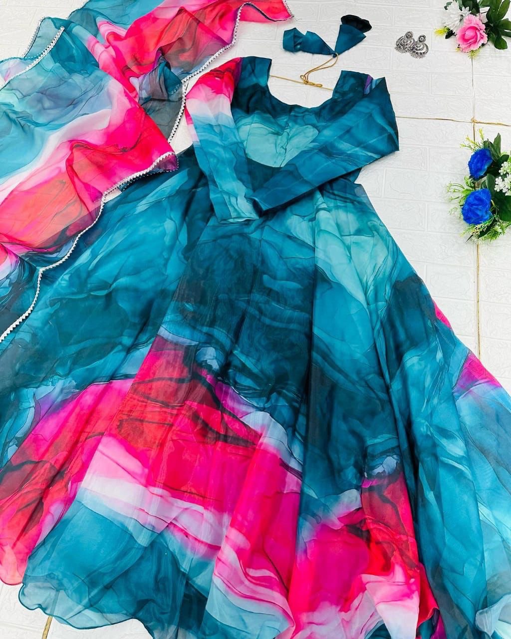 Prepossessing Blue Organza Silk Digital Printed Fully Stitched Gown With Dupatta - Ethnicwish