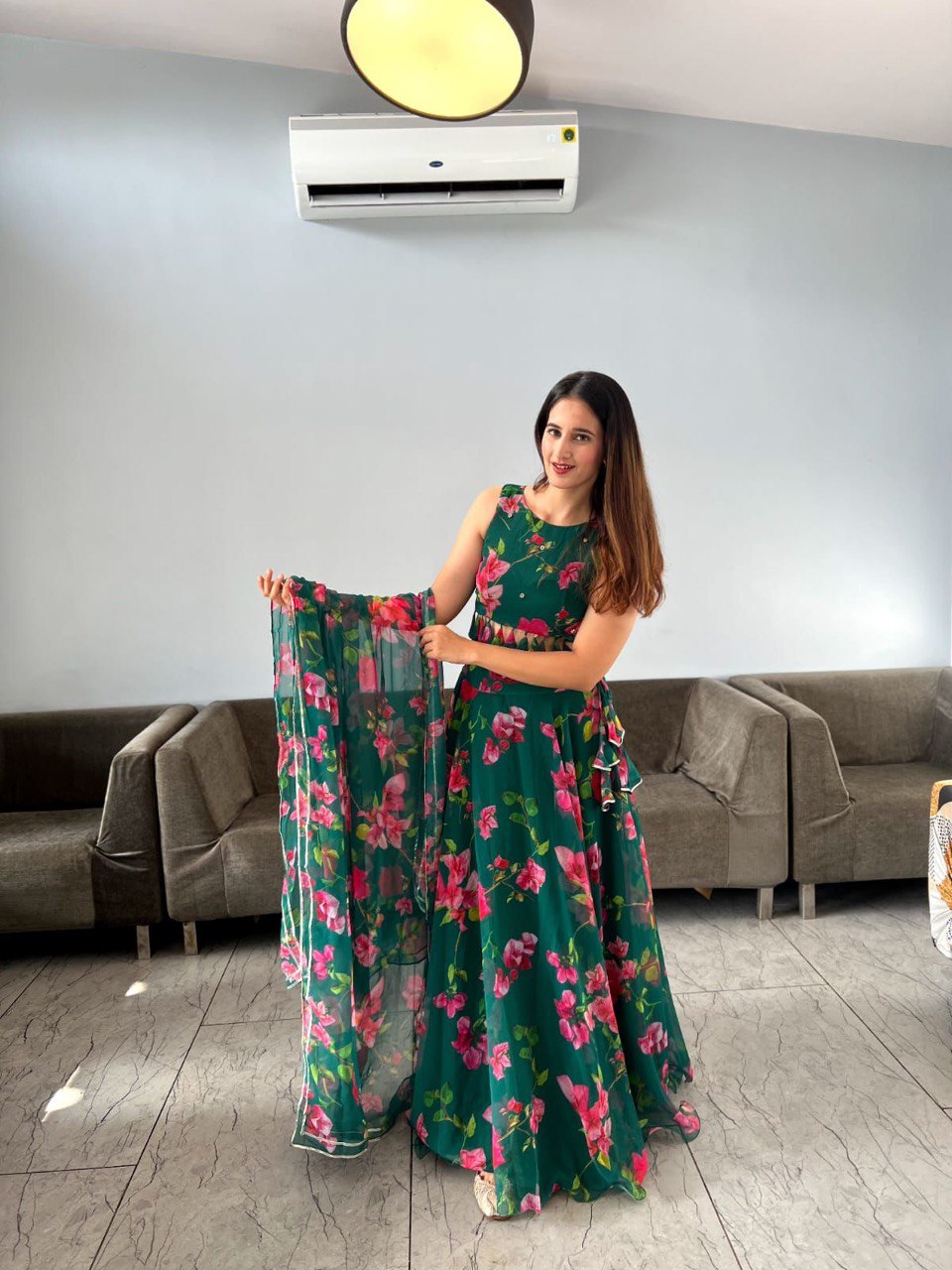 Appealing Green Georgette Floral Digital Printed Lehenga Choli - Ethnicwish