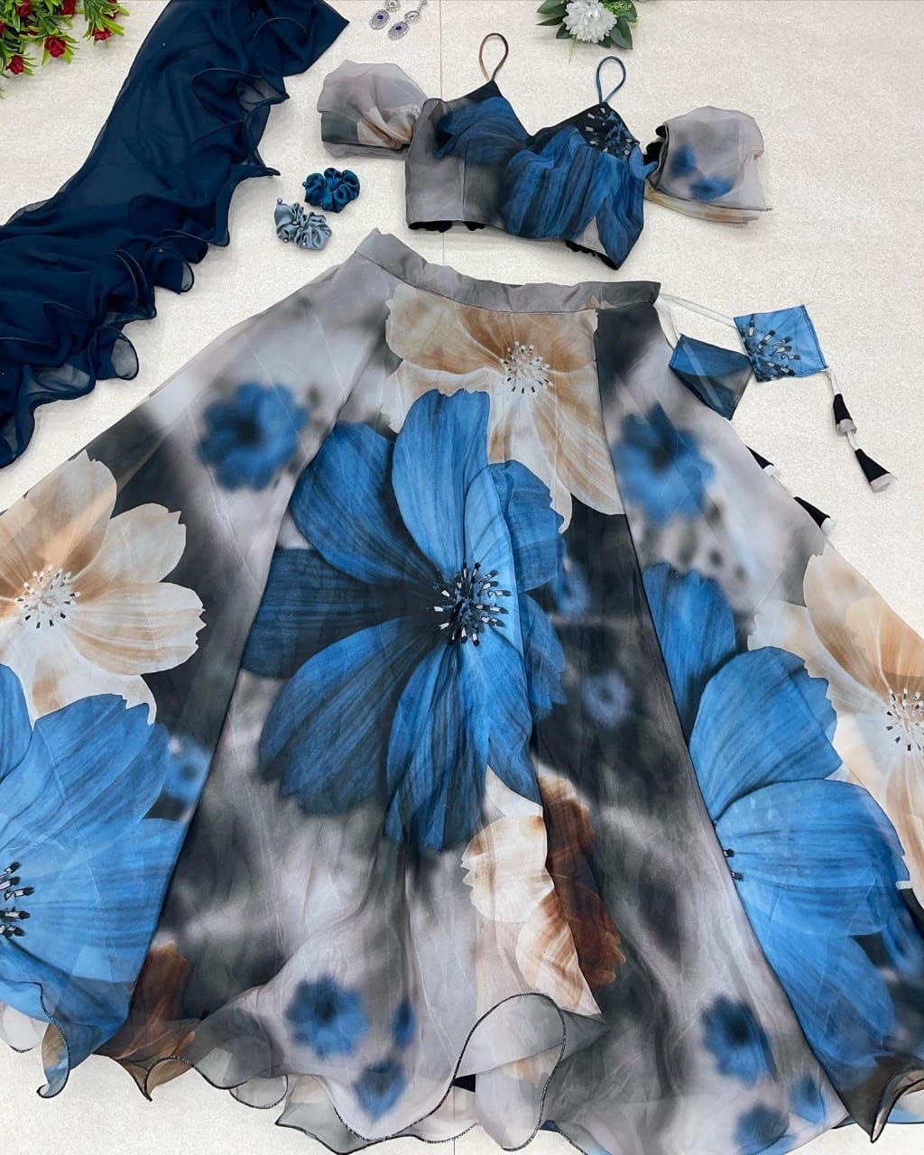 Dashing Gray Organza Silk Floral Printed Lehenga Choli Set - Ethnicwish