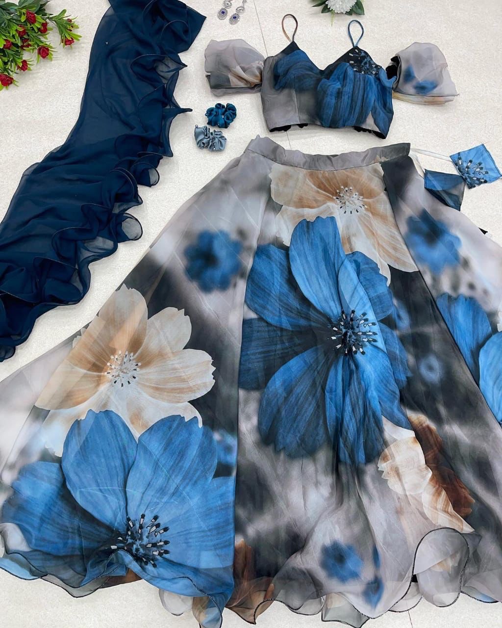 Dashing Gray Organza Silk Floral Printed Lehenga Choli Set - Ethnicwish