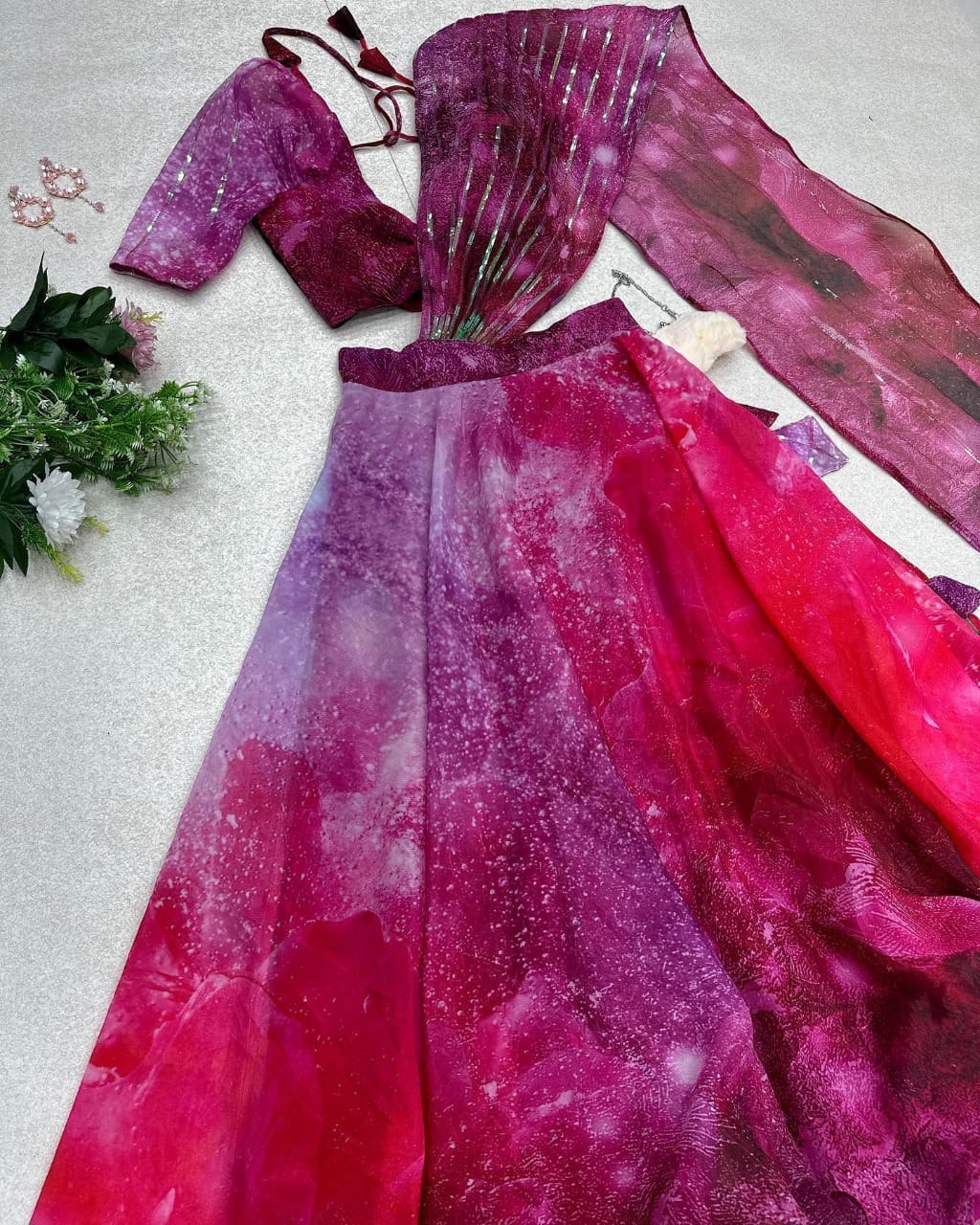 Divine Magenta Organza Silk Floral Printed Lehenga Choli Set - Ethnicwish