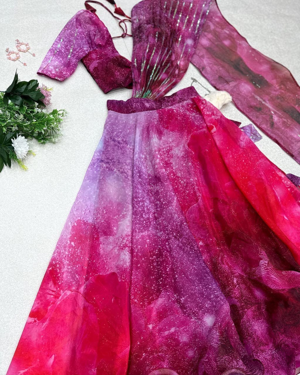 Divine Magenta Organza Silk Floral Printed Lehenga Choli Set - Ethnicwish