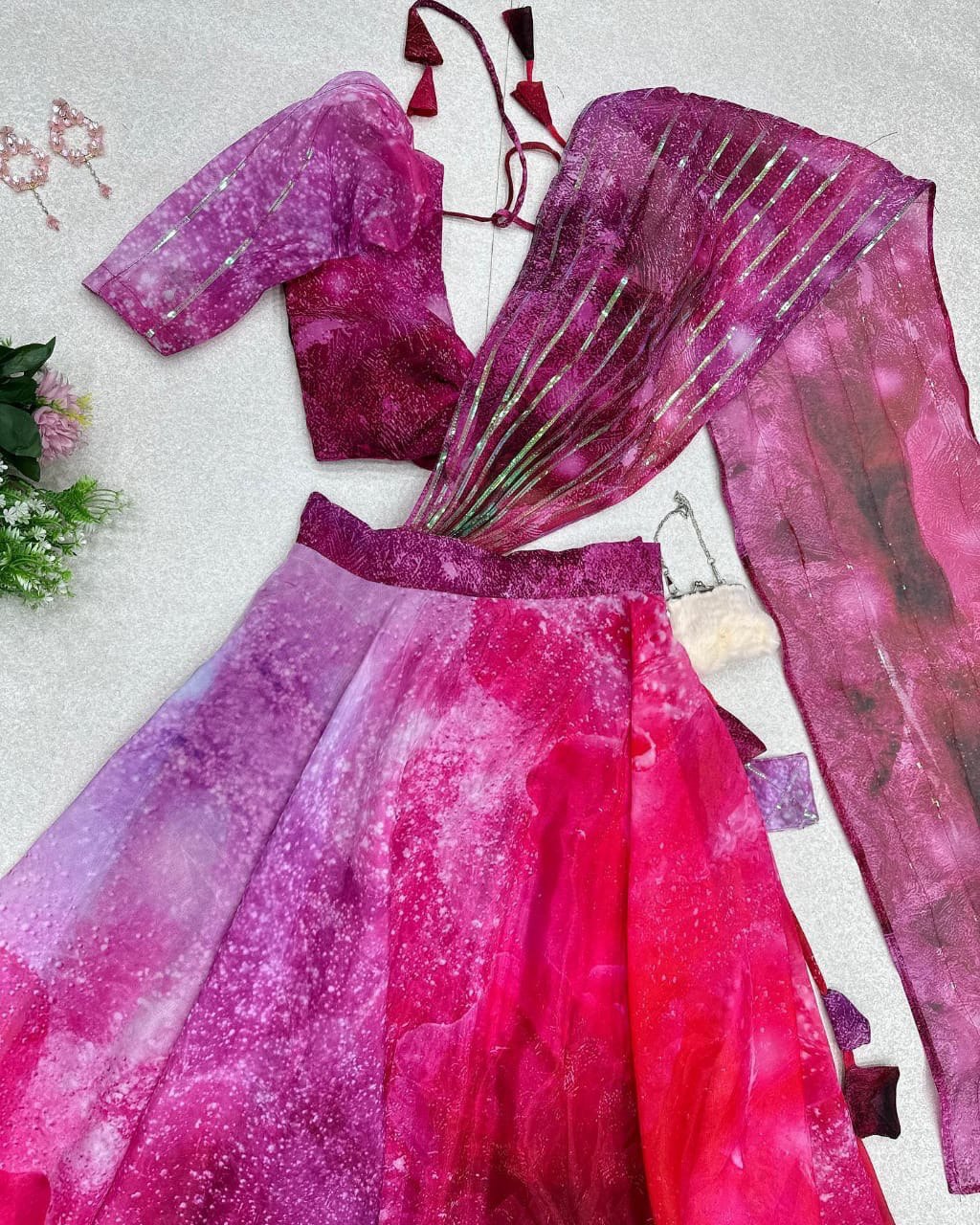 Divine Magenta Organza Silk Floral Printed Lehenga Choli Set - Ethnicwish