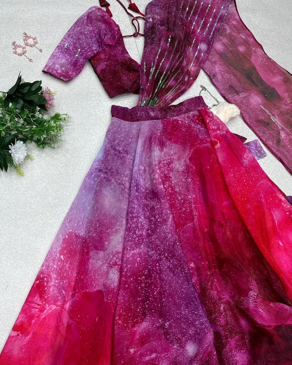Divine Magenta Organza Silk Floral Printed Lehenga Choli Set - Ethnicwish