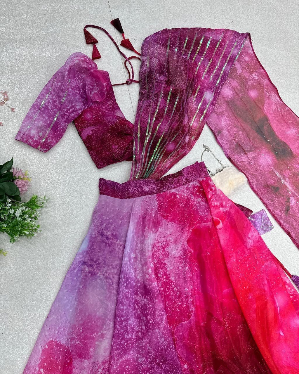 Divine Magenta Organza Silk Floral Printed Lehenga Choli Set - Ethnicwish