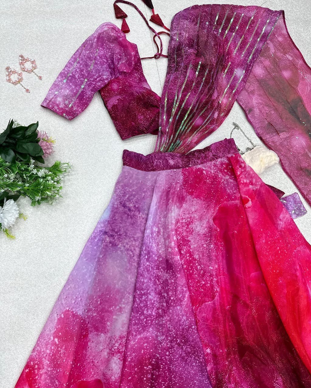 Divine Magenta Organza Silk Floral Printed Lehenga Choli Set - Ethnicwish