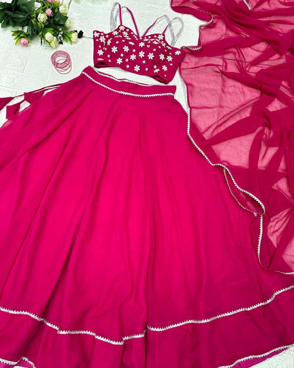 Enchanting Pink Georgette Fully Stitched Lehenga Choli - Ethnicwish