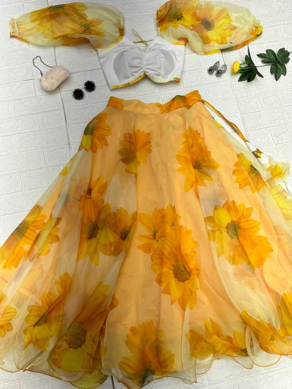 Enticing Yellow Organza Silk Floral Printed Lehenga Choli Set - Ethnicwish