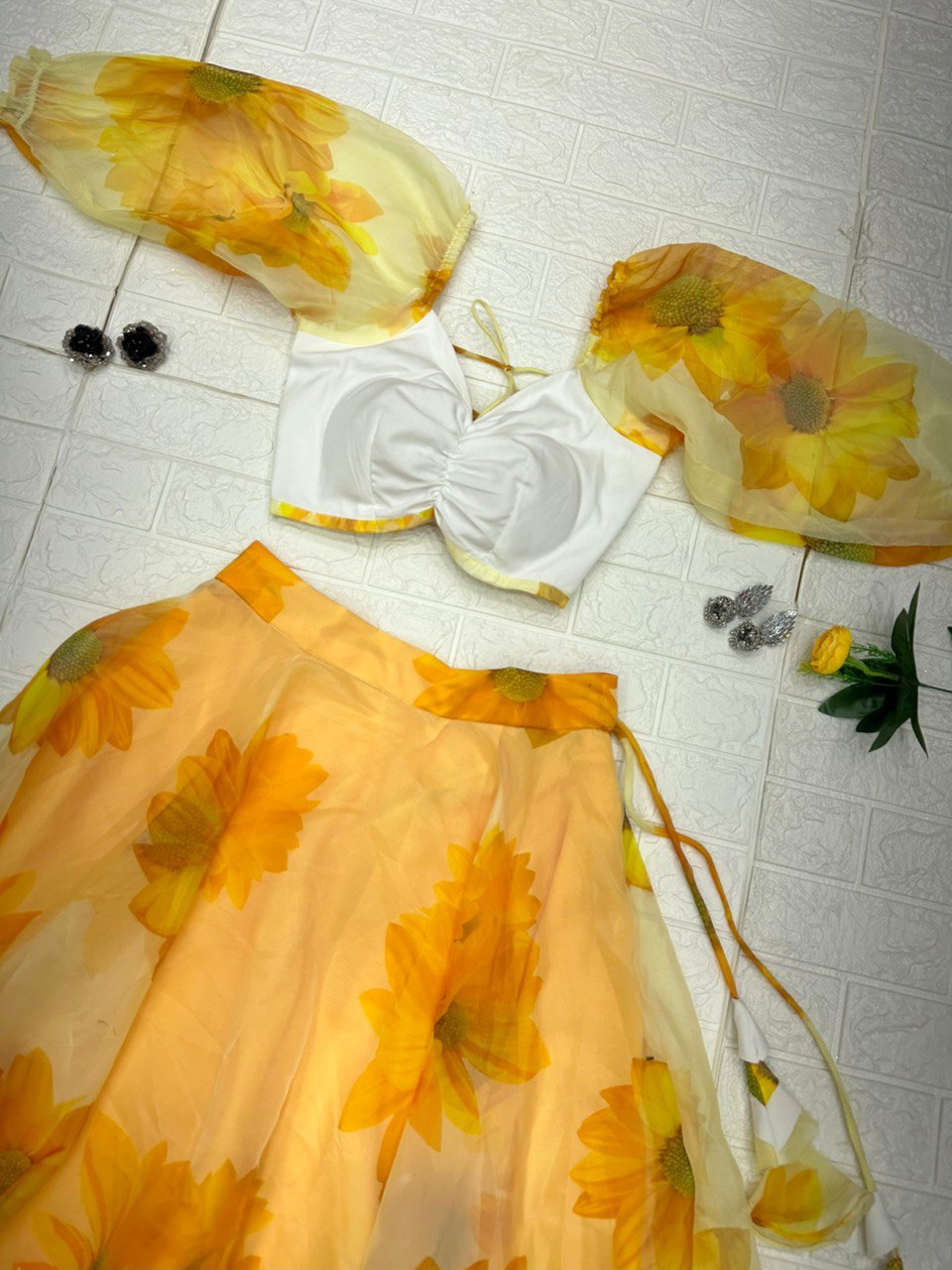 Enticing Yellow Organza Silk Floral Printed Lehenga Choli Set - Ethnicwish