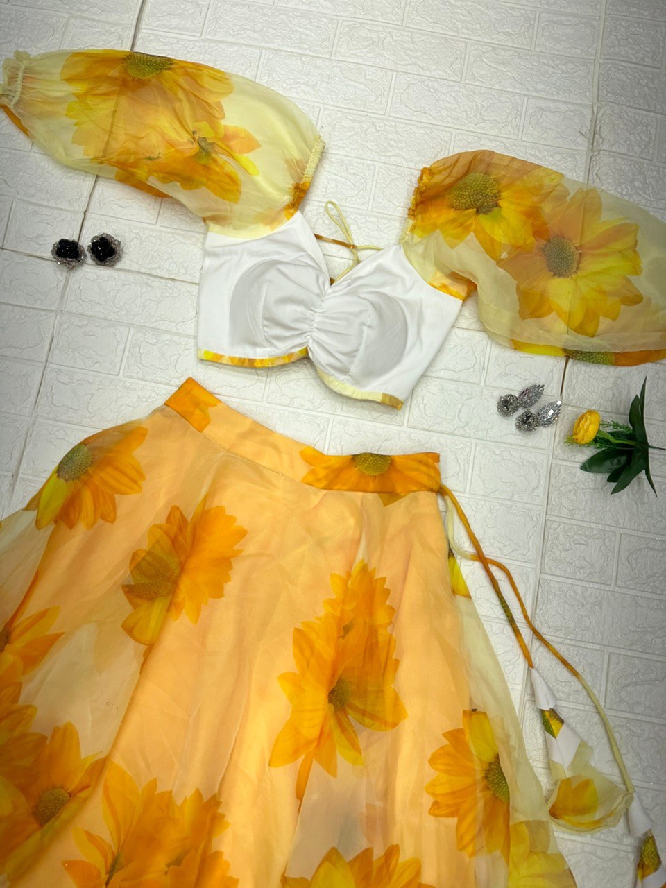 Enticing Yellow Organza Silk Floral Printed Lehenga Choli Set - Ethnicwish