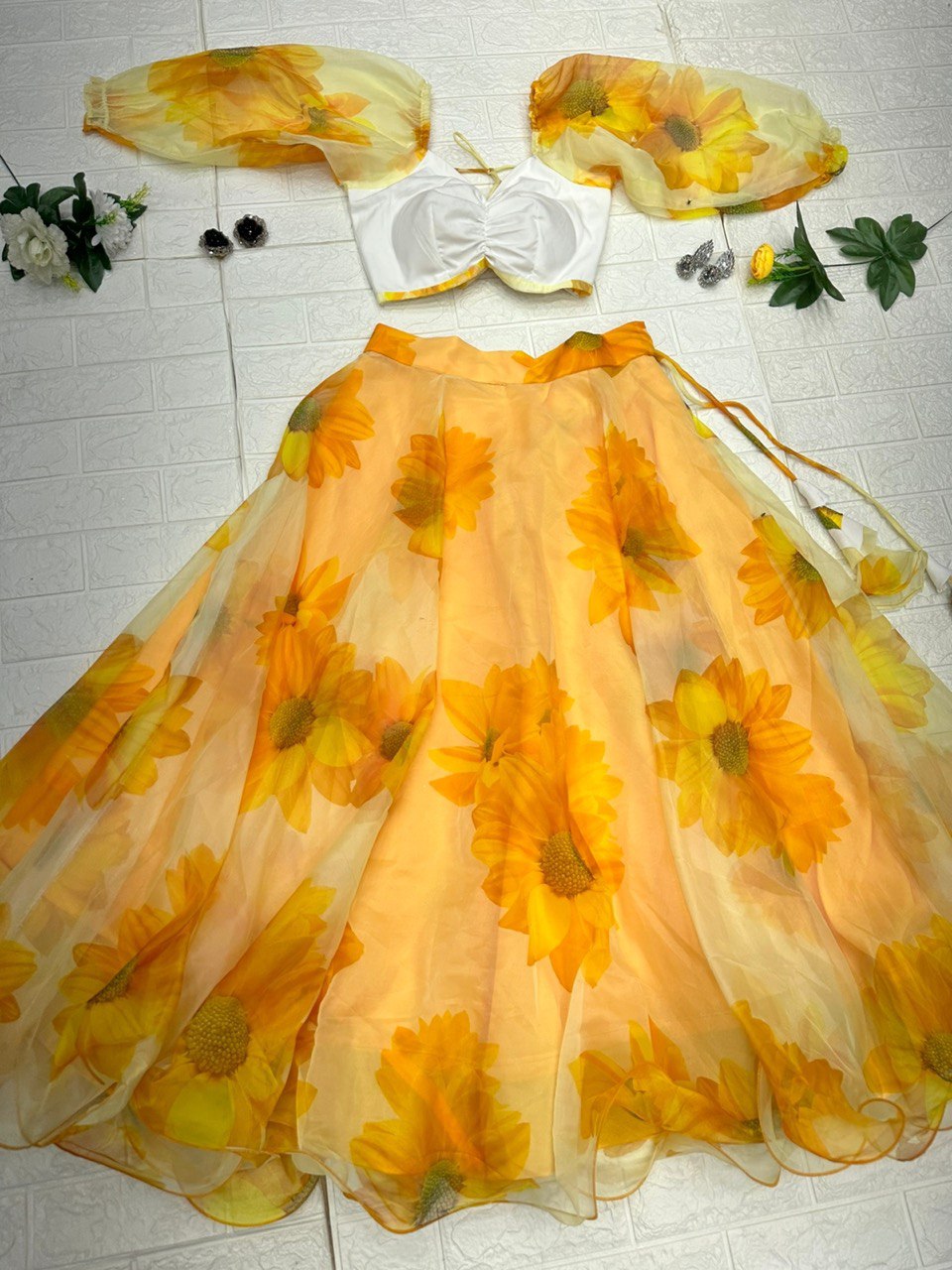 Enticing Yellow Organza Silk Floral Printed Lehenga Choli Set - Ethnicwish