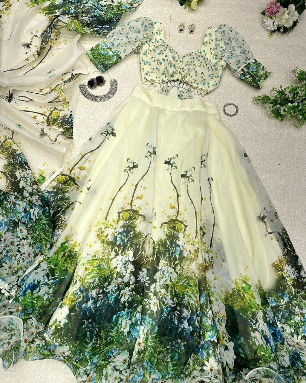 Graceful Pista Green Organza Silk Floral Printed Lehenga Choli Set - Ethnicwish
