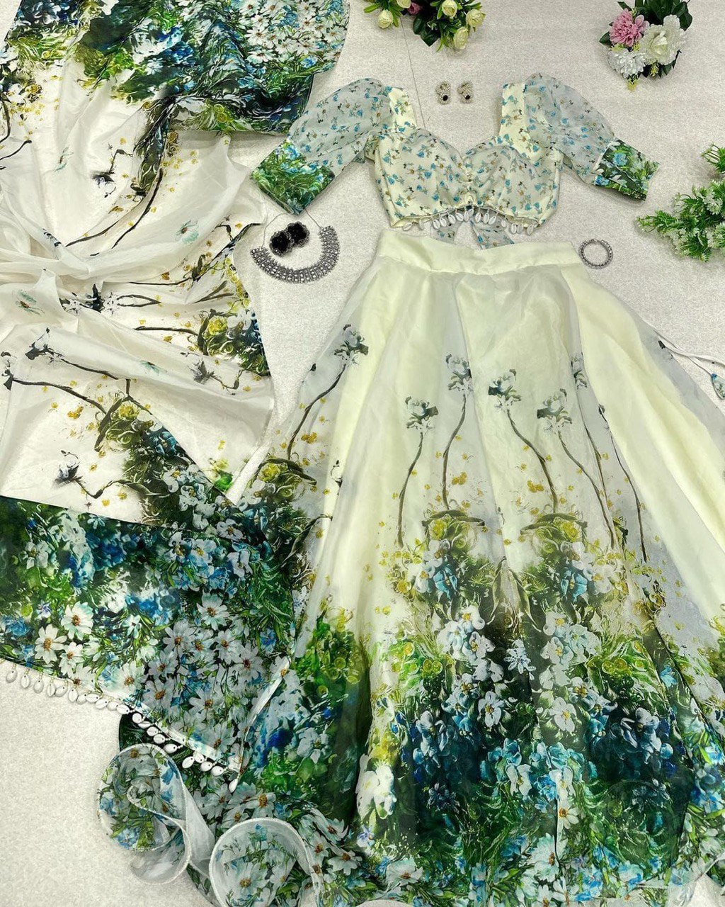 Graceful Pista Green Organza Silk Floral Printed Lehenga Choli Set - Ethnicwish