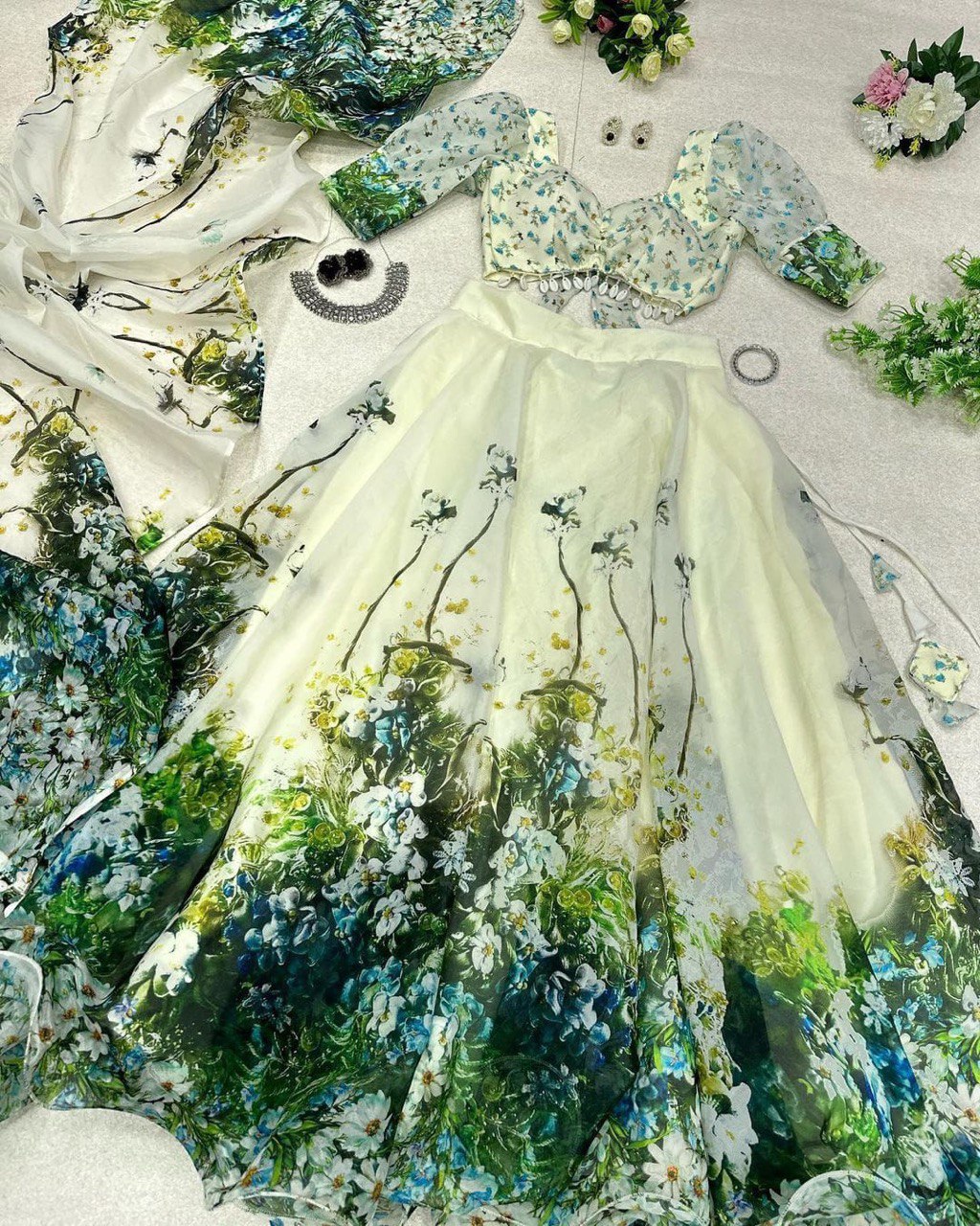 Graceful Pista Green Organza Silk Floral Printed Lehenga Choli Set - Ethnicwish