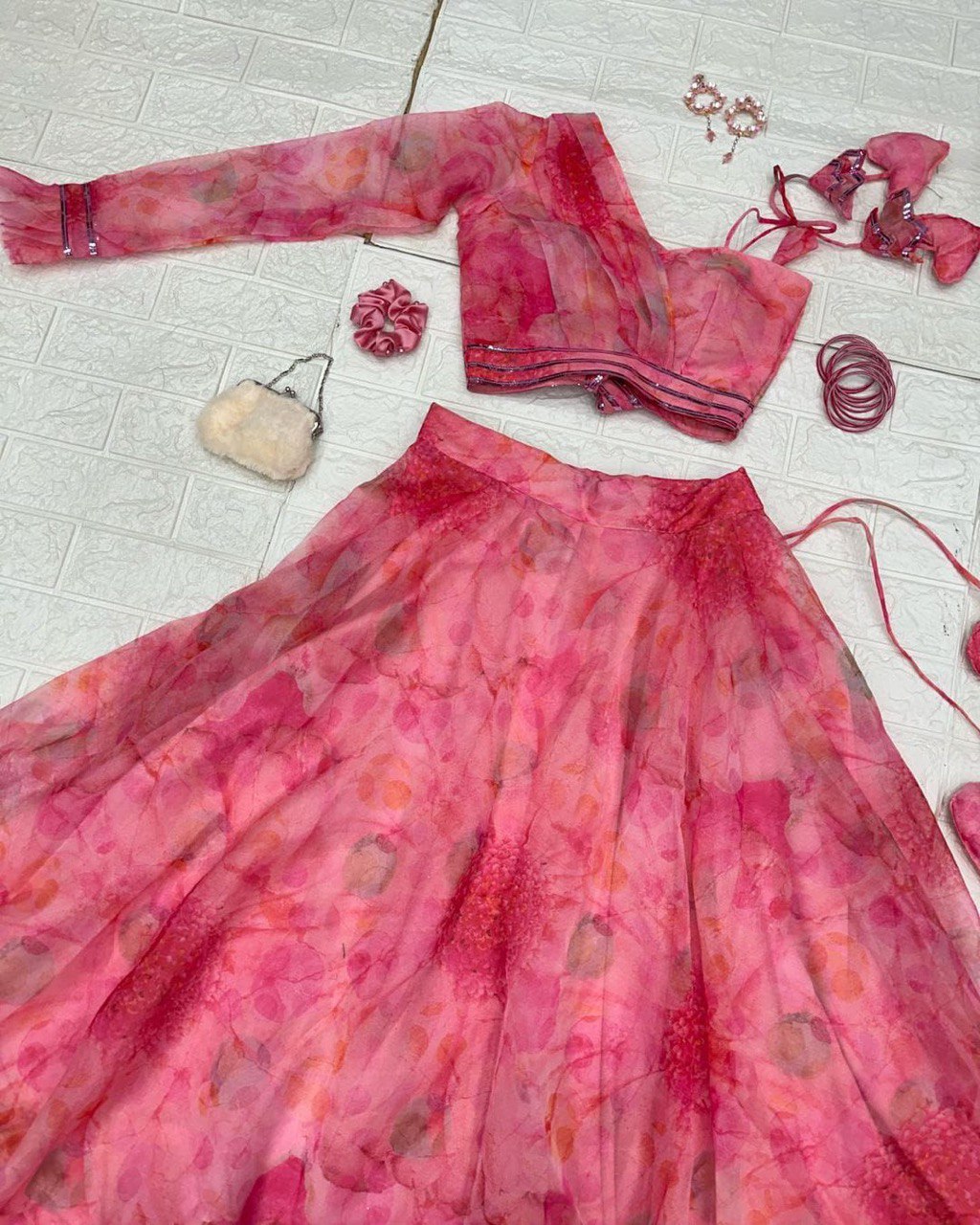 Polished Pink Floral Organza Silk Lehenga With Stitched Blouse - Ethnicwish