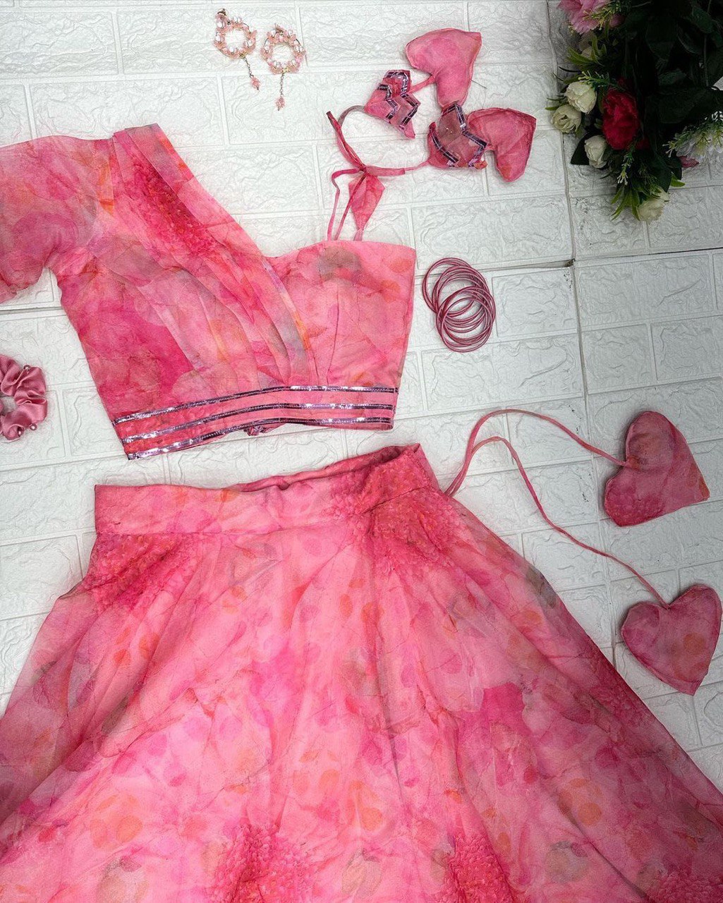 Polished Pink Floral Organza Silk Lehenga With Stitched Blouse - Ethnicwish