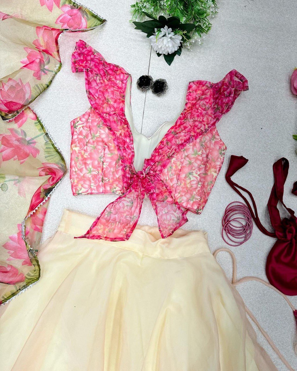 Posh Cream Organza Silk Floral Printed Stitched Lehenga Choli Set - Ethnicwish