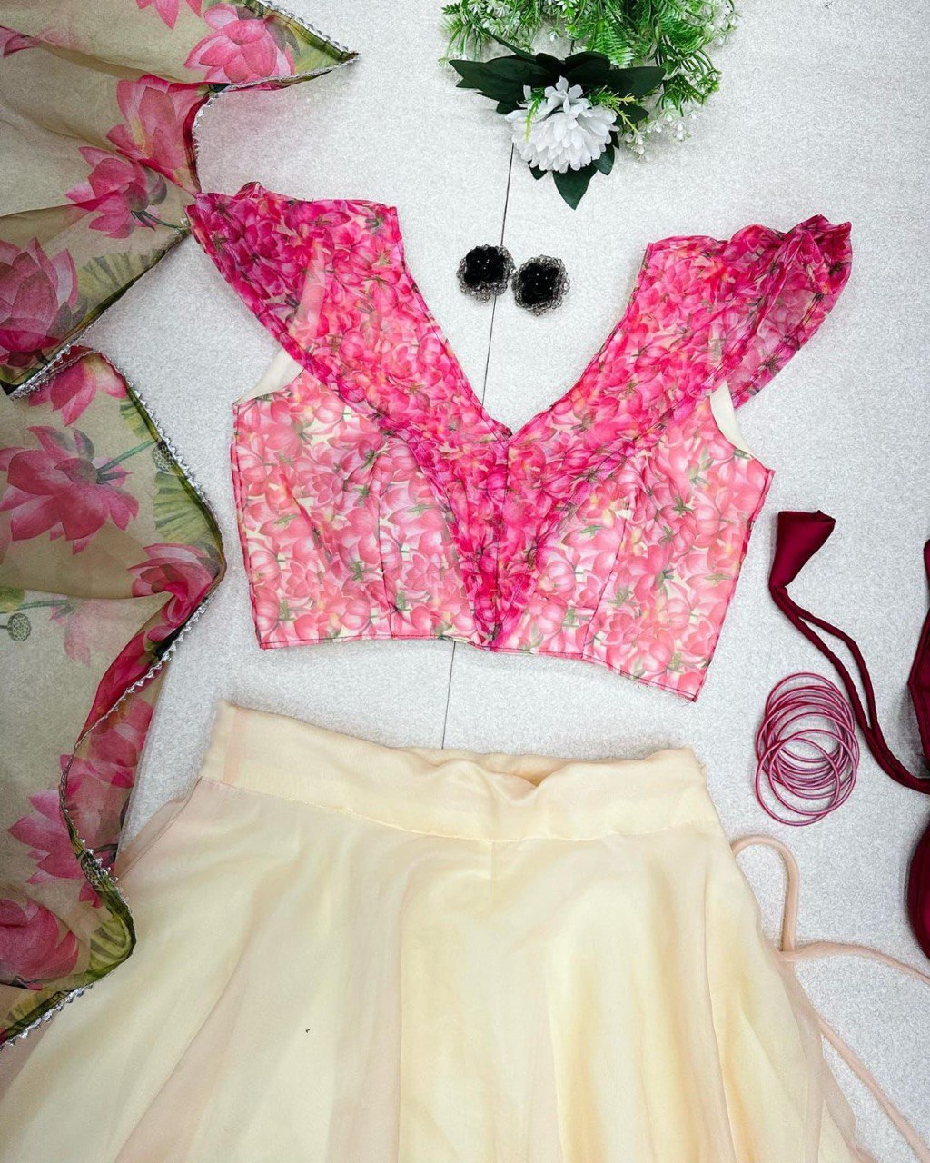 Posh Cream Organza Silk Floral Printed Stitched Lehenga Choli Set - Ethnicwish