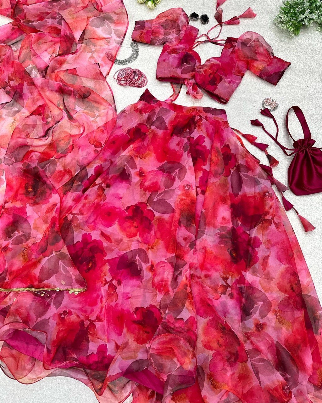 Ravishing Hot Pink Organza Silk Floral Printed Lehenga Choli Set - Ethnicwish