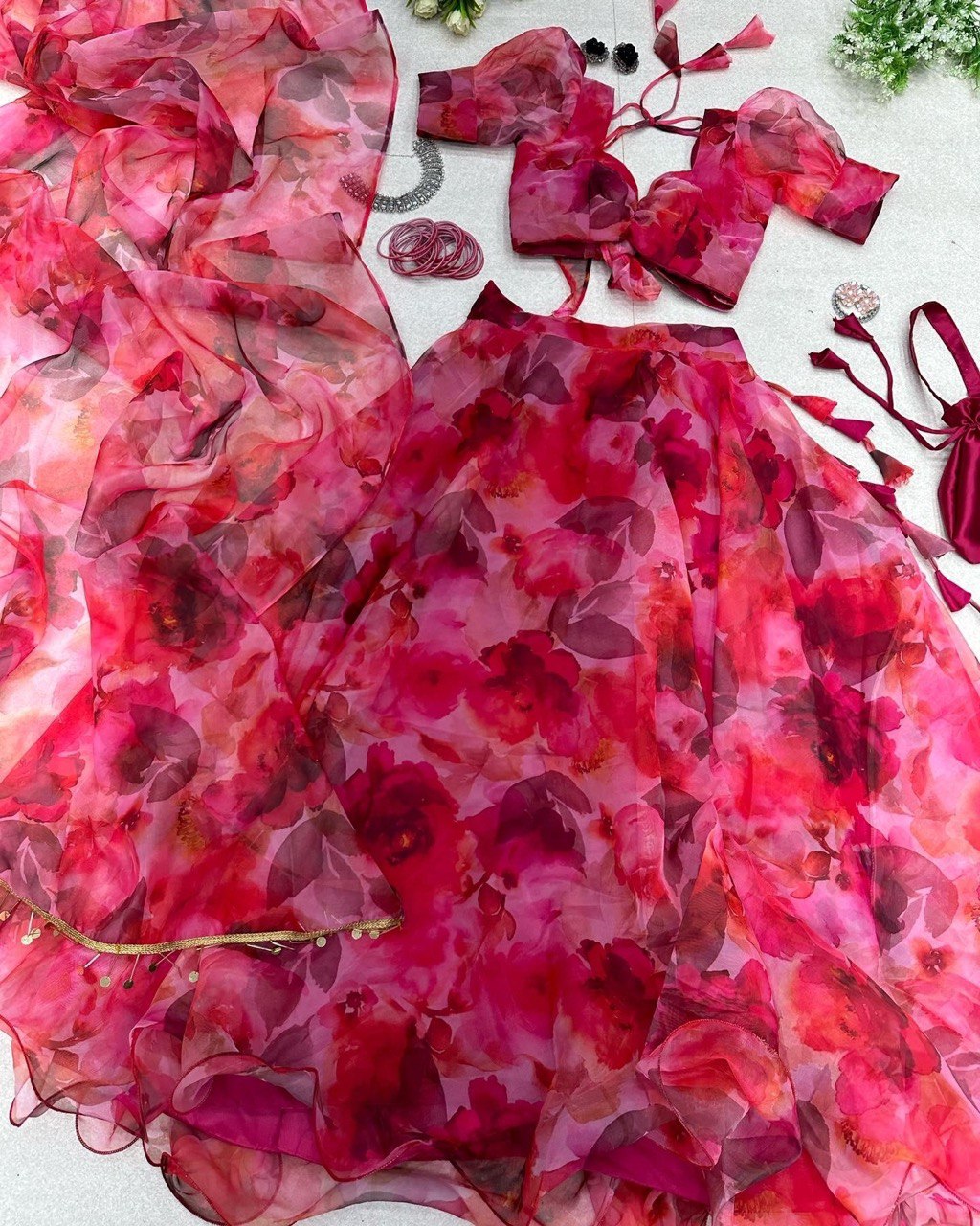 Ravishing Hot Pink Organza Silk Floral Printed Lehenga Choli Set - Ethnicwish