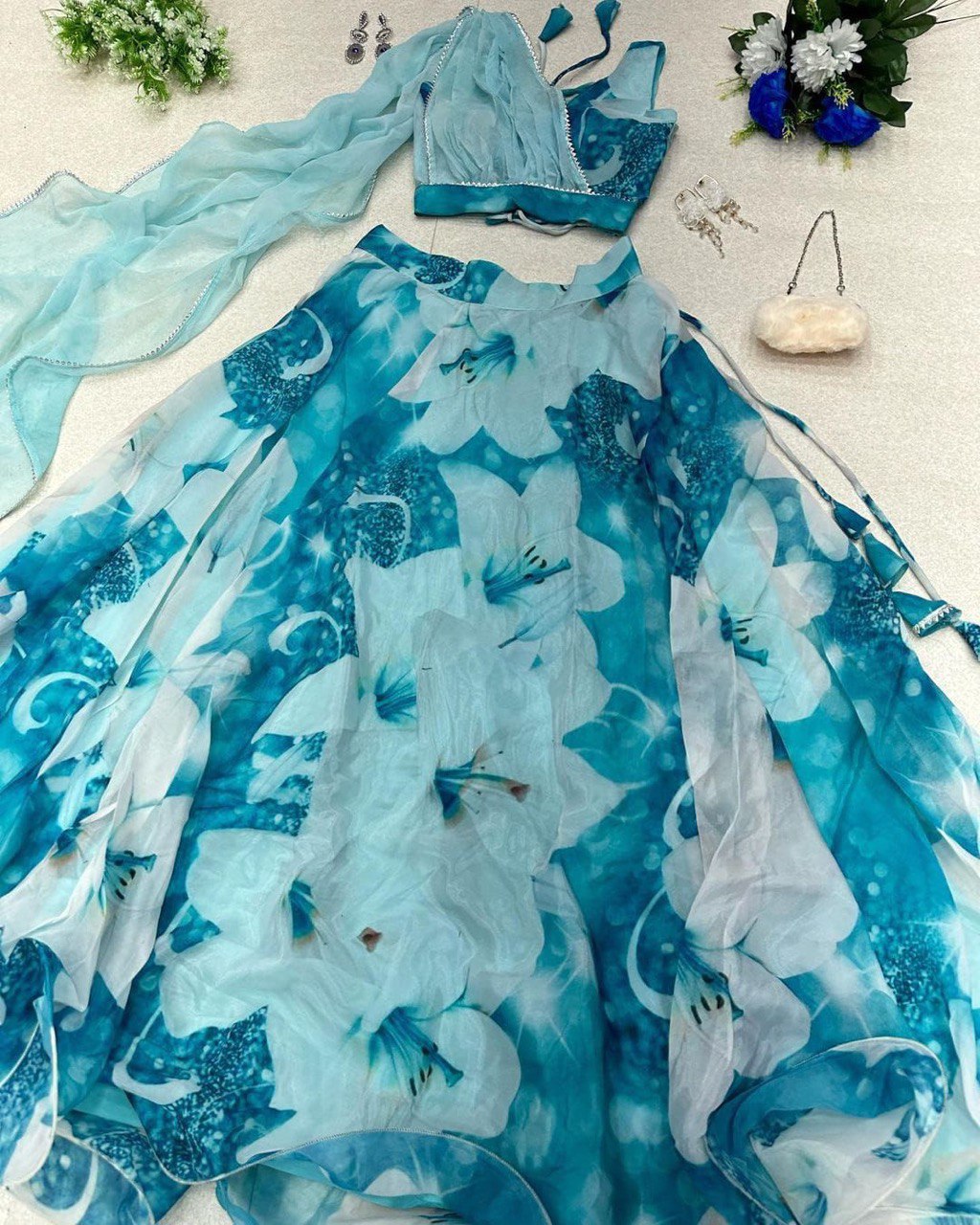 Sky Blue Floral Organza Silk Lehenga Choli Set – Elegant & Festive Wear - Ethnicwish