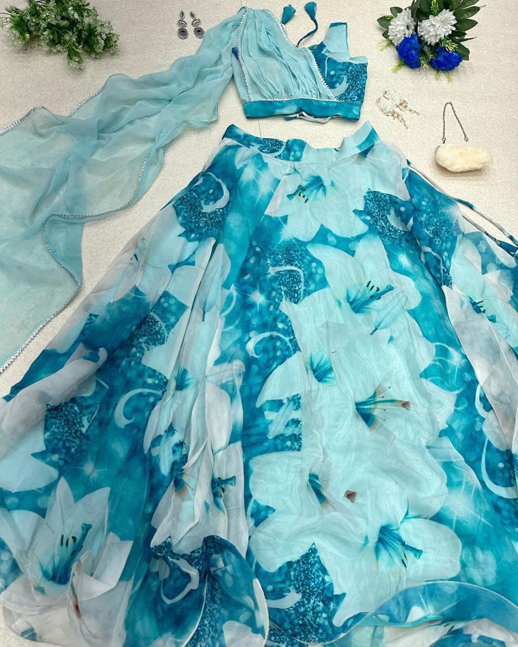 Sky Blue Floral Organza Silk Lehenga Choli Set – Elegant & Festive Wear - Ethnicwish