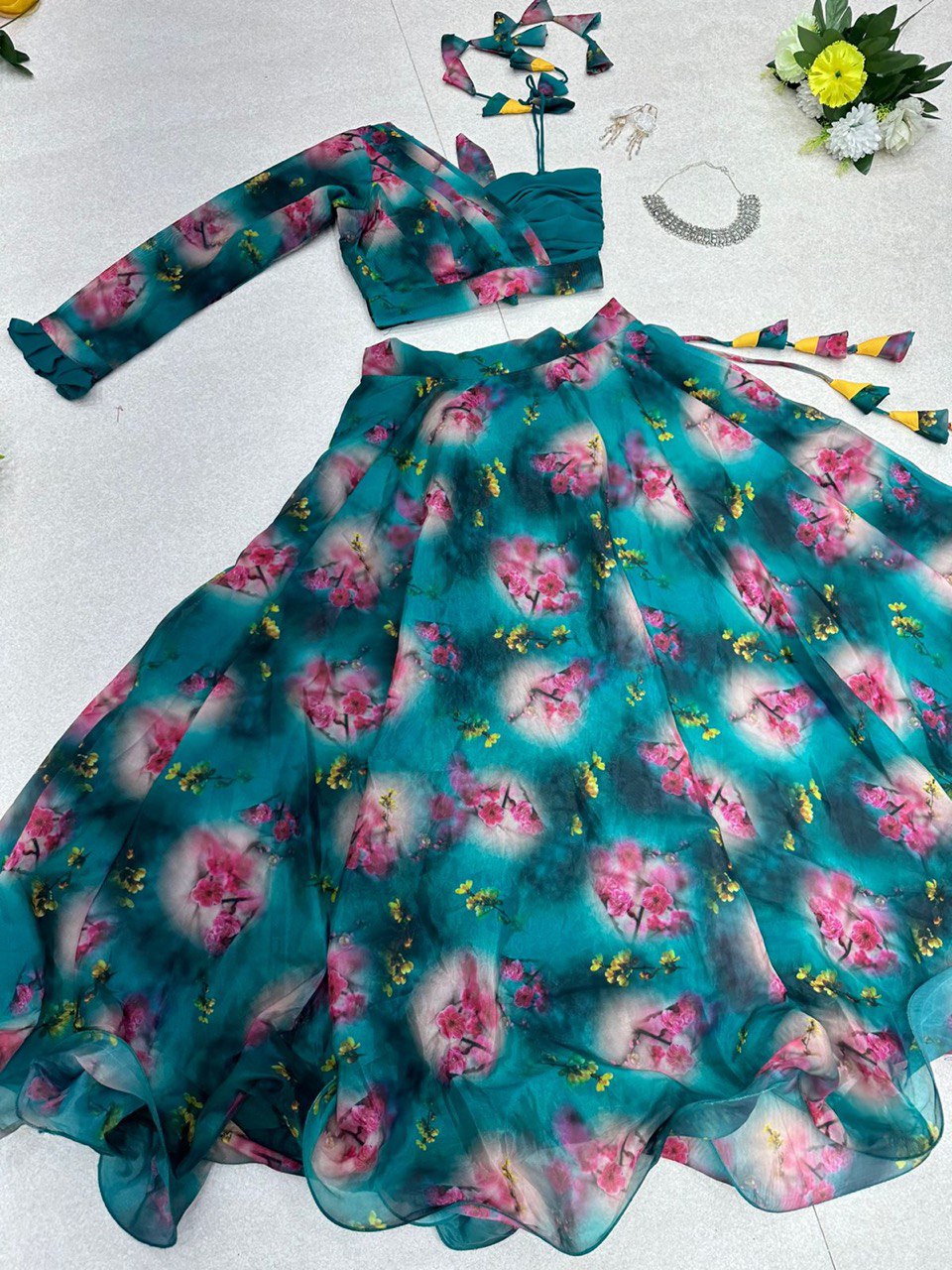 Spectacular Rama Organza Silk Floral Printed Lehenga Choli Set - Ethnicwish