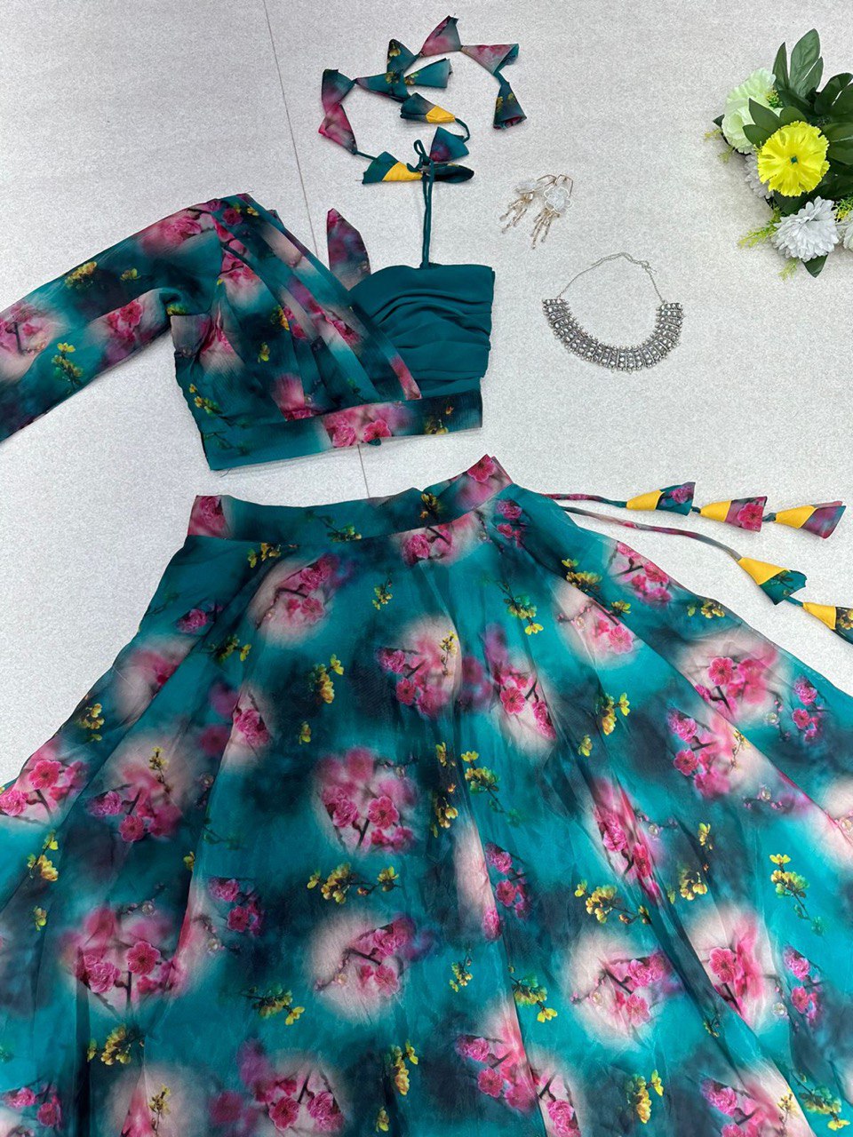 Spectacular Rama Organza Silk Floral Printed Lehenga Choli Set - Ethnicwish