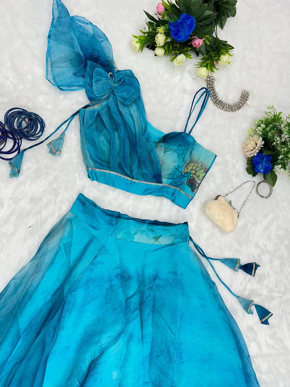 Splendid Sky Blue Floral Organza Silk Lehenga With Stitched Blouse - Ethnicwish