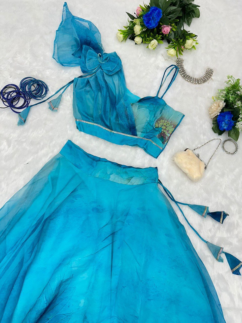 Splendid Sky Blue Floral Organza Silk Lehenga With Stitched Blouse - Ethnicwish