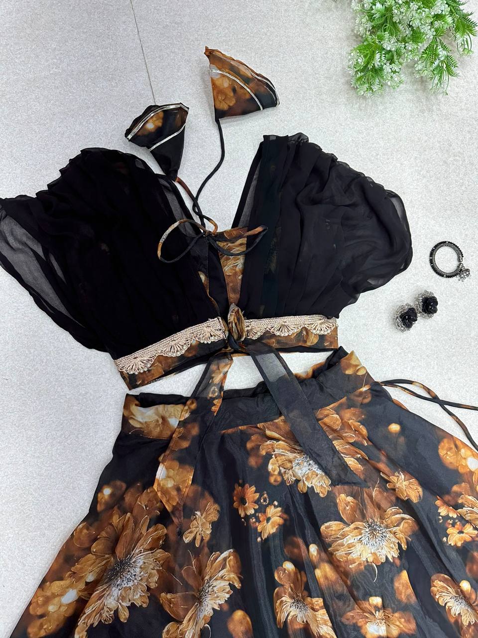 Stunning Black Organza Silk Floral Printed Lehenga Choli Set - Ethnicwish