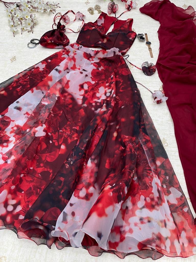 Stylish Hot Maroon Organza Silk Floral Printed Lehenga Choli Set - Ethnicwish