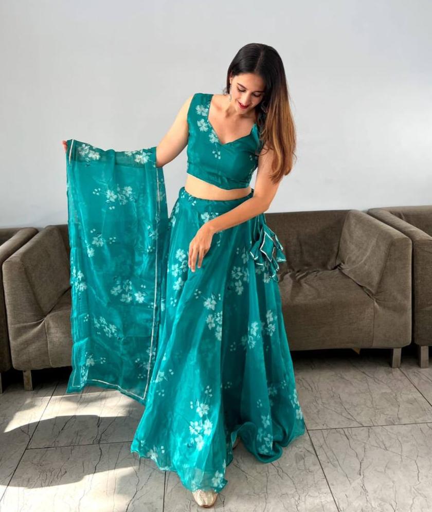 Stylish Floral Organza Silk Fully Stitched Lehenga Choli Set - Ethnicwish