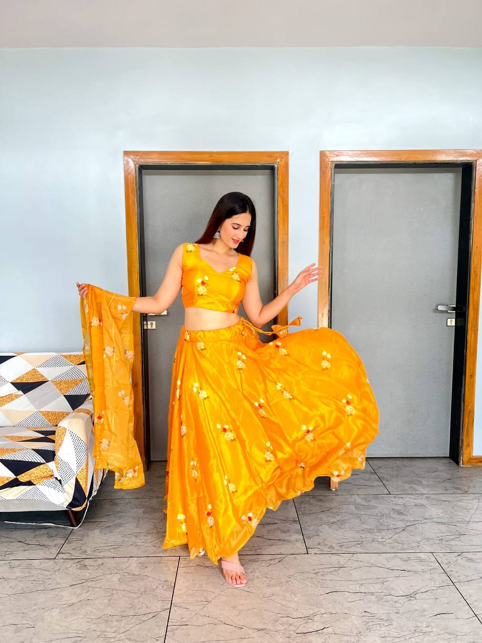 Stylish Floral Organza Silk Fully Stitched Lehenga Choli Set - Ethnicwish